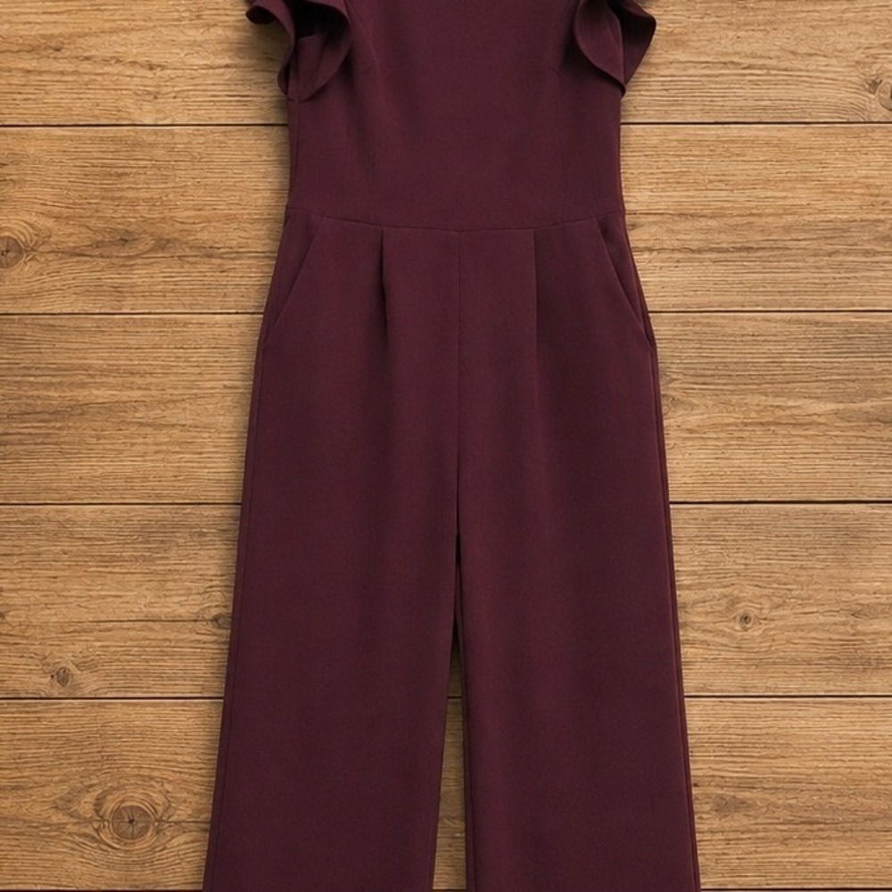 Calvin Klein Burgundy Ruffle Sleeve Wide Leg Jumpsuit with Pockets Size 6 Small - Picture 8 of 8